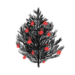 A spruce tree with red Christmas balls drawn in hand-drawn black pen lines. Isolated vector element on a white background. Design element of postcards, prints