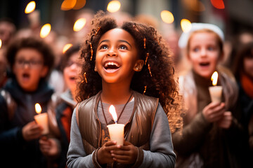 Choir of boys and girls holding candles in their hands while singing