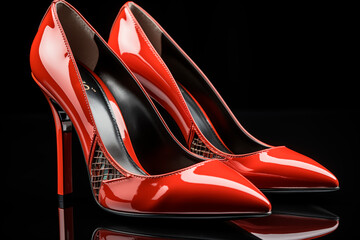 Close-up of a pair of stylish bright red high-heeled shoes