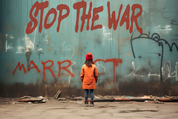 Girl in orange coat looking at graffiti on a wall reading stop the war.