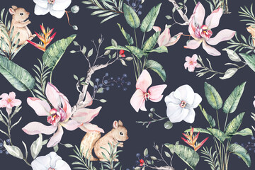 Obraz na płótnie Canvas Seamless pattern of tropical plant, orchid, squirrel and flowers painted in watercolor.For fabric luxurious and wallpaper, vintage style.Botanical floral pattern.Tropical background