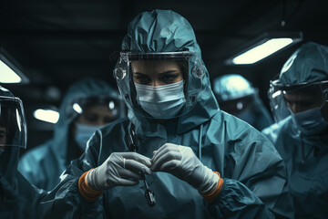 Nurse with personal protective equipment preparing surgical supplies