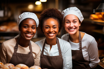 Professional and multiracial staff of a pastry and bakery shop