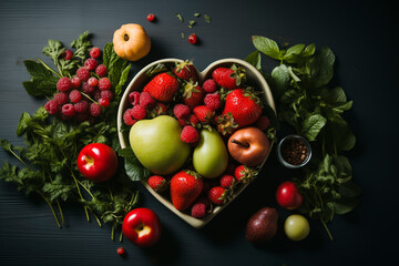 wallpaper with strawberries apples blackberries and green leaves from the orchard in a heart shaped bowl