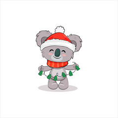 Cute cartoon koala cub isolated on white background. Christmas card with koala bear.