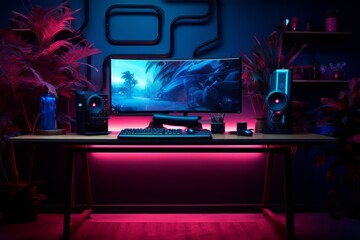 Interior of a live streaming gamer room with cyberpunk pink and blue neon light in the dark night LED background.