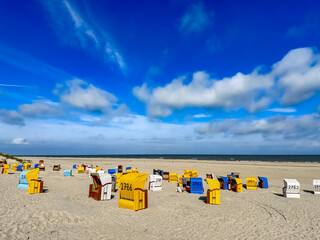 Beach chairs on the beach on the East Frisian Island Juist, Germany.