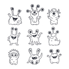 Big set of cute cartoon monsters in doodle style. Funny characters on white background for magazins, books, cards. Icon monster. 