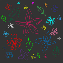 Fototapeta premium Vector abstract pattern in the form of multi-colored leaves and flowers drawn in doodle style on a black background