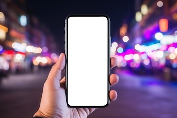 Blank smartphone mock up. Hand holds phone with an empty screen on a night city background. AI generated