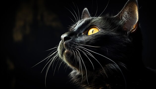 Close-Up Portrait of a Majestic Black Cat with Striking Golden Eyes Against a Warm, Blurred Background