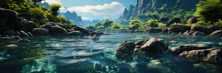 Fototapeta premium Eden's Echo: A Paradise Island Poster with Clear Water and Beach, Unveiling the Pristine Embrace of Nature's Secluded Serenity, Crafted by Generative AI