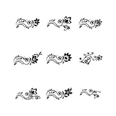 Set of differents flower linen on white background,Cute doodle floral wreath frame set,emblem or icon for company branding. Decorative flower silhouette. Tattoo art style.