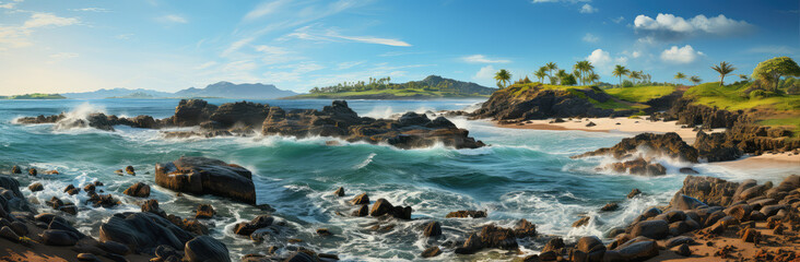 Obraz premium Eden's Echo: A Paradise Island Poster with Clear Water and Beach, Unveiling the Pristine Embrace of Nature's Secluded Serenity, Crafted by Generative AI