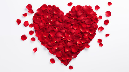 Valentine's Day: Large Heart Formed by Fresh Red Rose Petals on a White Background, Symbolizing Love and Devotion, Viewed from Above, Creating a Striking Emblem of Affection