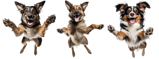 collection of happy playful dog jumping in air. cheerful dog playing isolated on transparent background