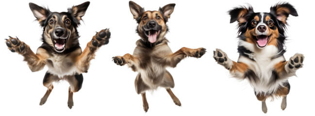 collection of happy playful dog jumping in air. cheerful dog playing isolated on transparent background