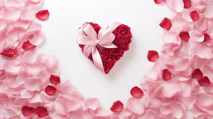Valentine's Day: Sweet Heart-shaped Arrangement of Red Roses Tied with Pink Satin Ribbon, Surrounded by Pink and Red Rose Petals on a White Background, Top View, Creating a Tender Symbol, and a Deligh