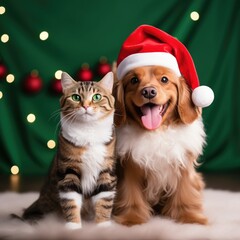 golden retriever and tabby cat in Christmas costume. 