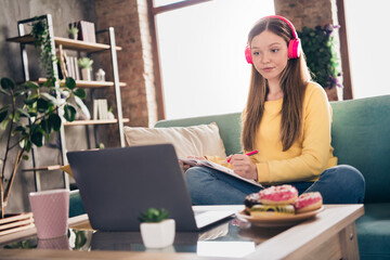 Photo of little teen girl dressed yellow jumper writing copybook notes when listening lecture in laptop sitting couch isolated at home