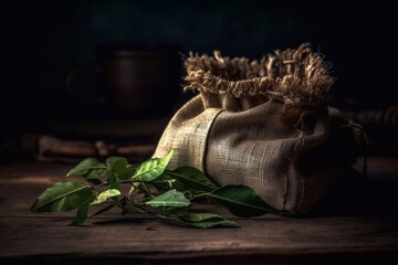 Tea leaves in a bag on a dark background. Generative AI.