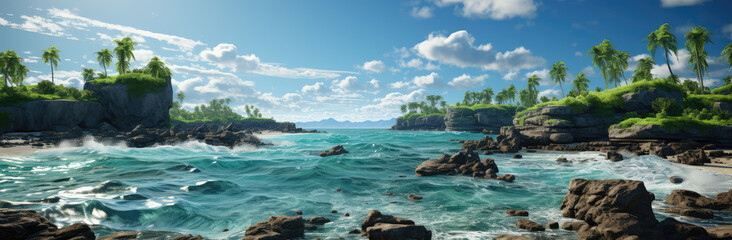 Obraz premium Eden's Echo: A Paradise Island Poster with Clear Water and Beach, Unveiling the Pristine Embrace of Nature's Secluded Serenity, Crafted by Generative AI
