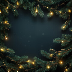 Obraz na płótnie Canvas Square illustration with green fir twigs burning garlands. Festive decor on dark background with space for copy, christmas illustration with blurred lights and highlights