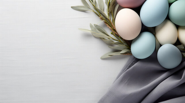 Composition with beautiful pastel colored Easter eggs, spring plant leaves and cloth on grey background