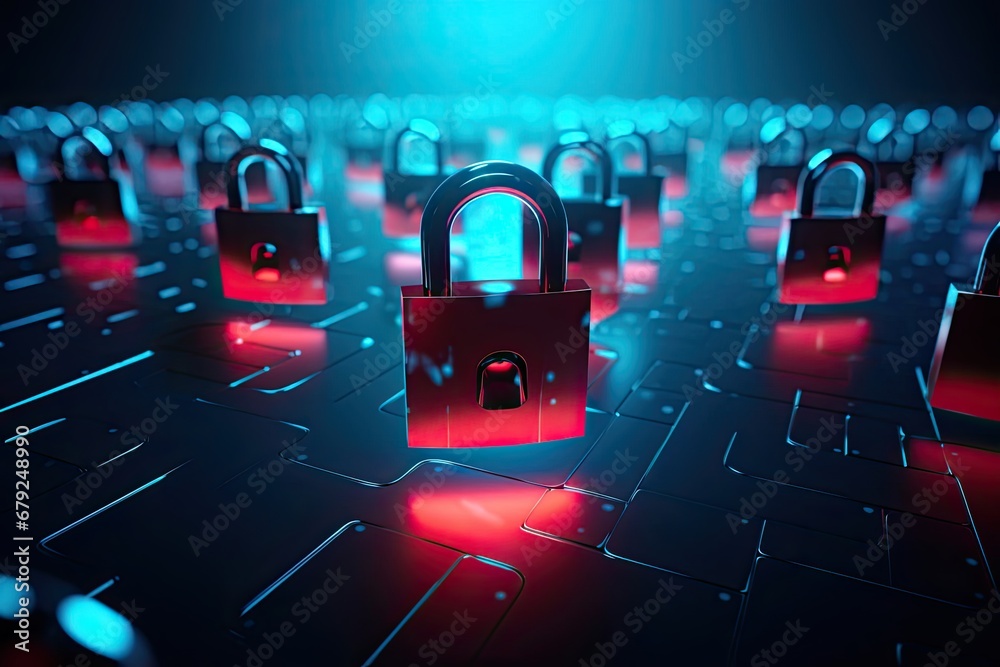 Poster safeguarding data with red padlocks on a keyboard generative ai