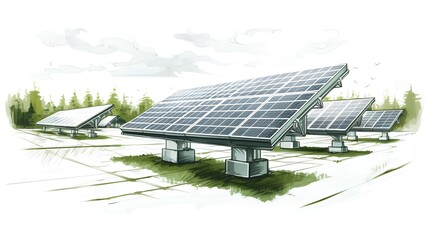A conceptual illustration of a large scale solar panel farm project, with rows of photovoltaic panels spread across an open field, depicted as an project sketch.