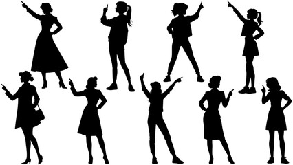 Fototapeta premium Stylish silhouette vector set of finger pointing ladies