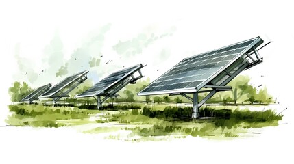 A conceptual illustration of a large scale solar panel farm project, with rows of photovoltaic panels spread across an open field, depicted as an project sketch.