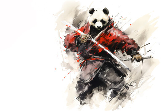 Watercolor painting of a panda in a samurai uniform on a white background. Art. Wildlife Animals.