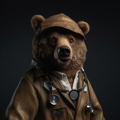Image of brown bear dressed in doctor's uniform on a clean background. Wildlife Animals.
