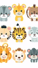 Fotobehang Schattige dieren set Joyful Safari Animal Faces Vector Set Including Tiger, Lion, Elephant, Giraffe, Zebra, Hippo, Rhino, Monkey