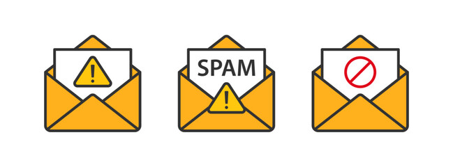 Spam email icon. Virus mail message symbol. Malware letter signs. Hacker protection symbols. Internet scam icons. Vector sign. - obrazy, fototapety, plakaty