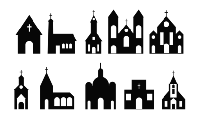 Foto op Canvas Town skyline silhouette. Small city houses, factory buildings, old church roofs, simple residental neighborhood vector flat scene © Irfan