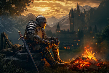 Knight in armor resting by fire. Castle, mountains backdrop at sunset - obrazy, fototapety, plakaty