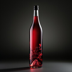 Fotografia con detalle de botella de cristal con vino, sobre fondo de tonos oscuros y reflejos de luz