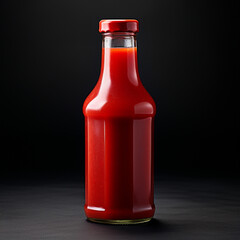 Fotografia con detalle de botella de cristal con salsa ketchup, sobre fondo de color negro - obrazy, fototapety, plakaty