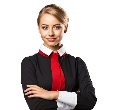 a portrait of arms crossed young waitress showing pride in his profession or job isolated on a transparent background, a professional female waiter with a uniform photo PNG