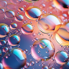 Fotografia de tipo macro con detalle de varias gotas sobre superficie con reflejos iridiscentes