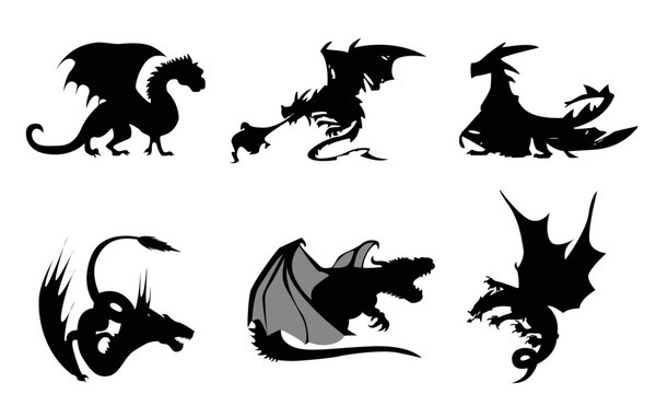flying dragon silhouettes set