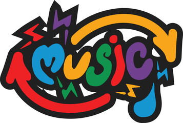 Vector inscription in graffiti style, music, cartoon lettering, print. Design element.