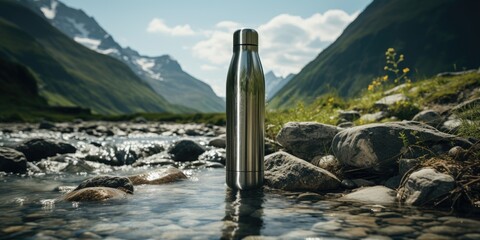 A thermos for tea or coffee, a mockup of a reusable bottle for traveling and hiking. Generative AI - obrazy, fototapety, plakaty