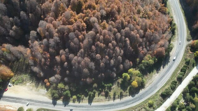 Curvy mountain roads in autumn. Vehicles in motion on winding mountain roads. 