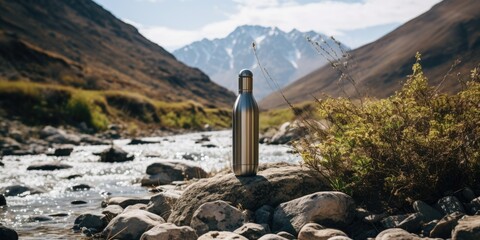 Reusable water bottle for hiking or hiking against the backdrop of a mountain river, Generative AI - obrazy, fototapety, plakaty