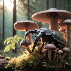 mushrooms and insect in the forest - obrazy, fototapety, plakaty