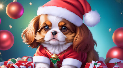 A Cavalier King Charles Spaniel wears a Santa Claus costume on Christmas day with beautiful decorations.