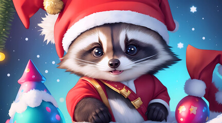 A cute raccoon wears a Santa Claus costume on Christmas day with beautiful decorations.